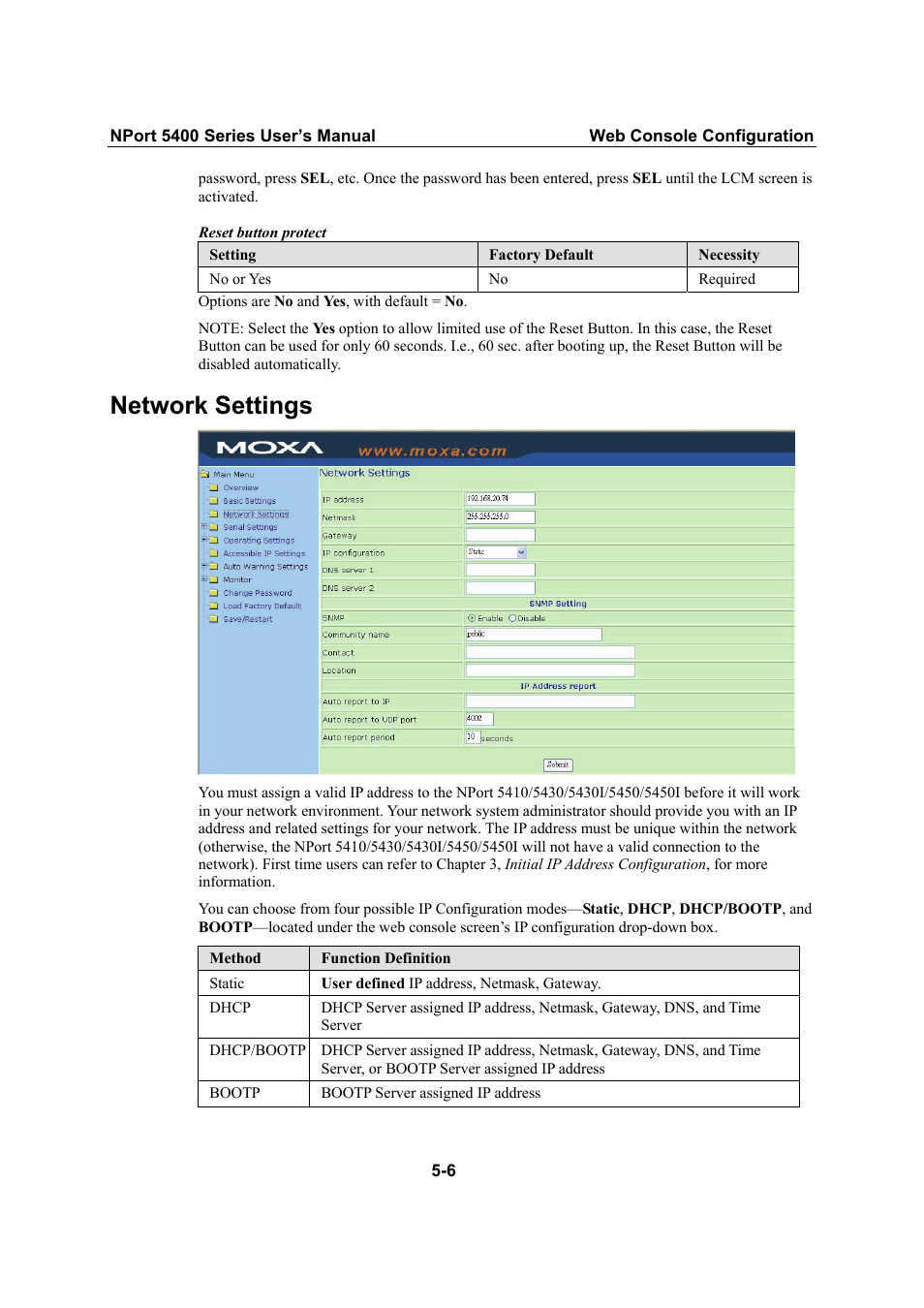 Network settings | Moxa Technologies NPort 5400 Series User Manual | Page 32 / 104