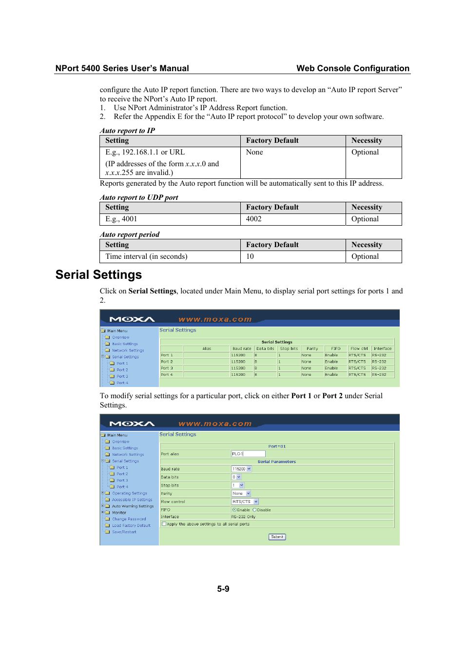 Serial settings | Moxa Technologies NPort 5400 Series User Manual | Page 35 / 104