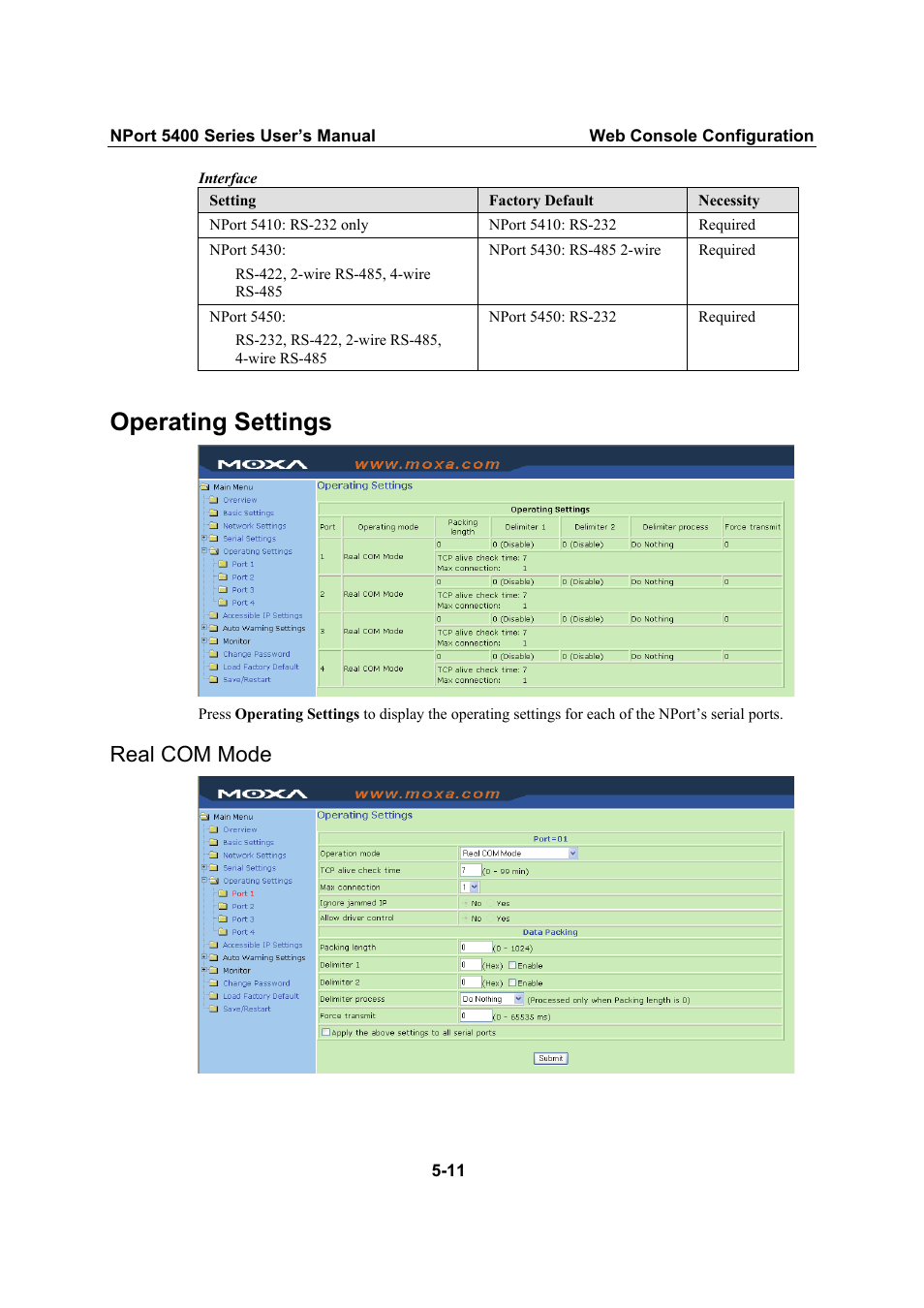 Operating settings, Real com mode | Moxa Technologies NPort 5400 Series User Manual | Page 37 / 104