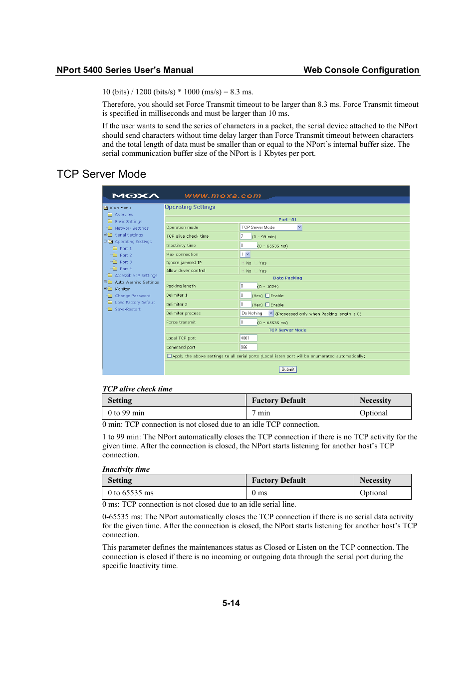 Tcp server mode | Moxa Technologies NPort 5400 Series User Manual | Page 40 / 104