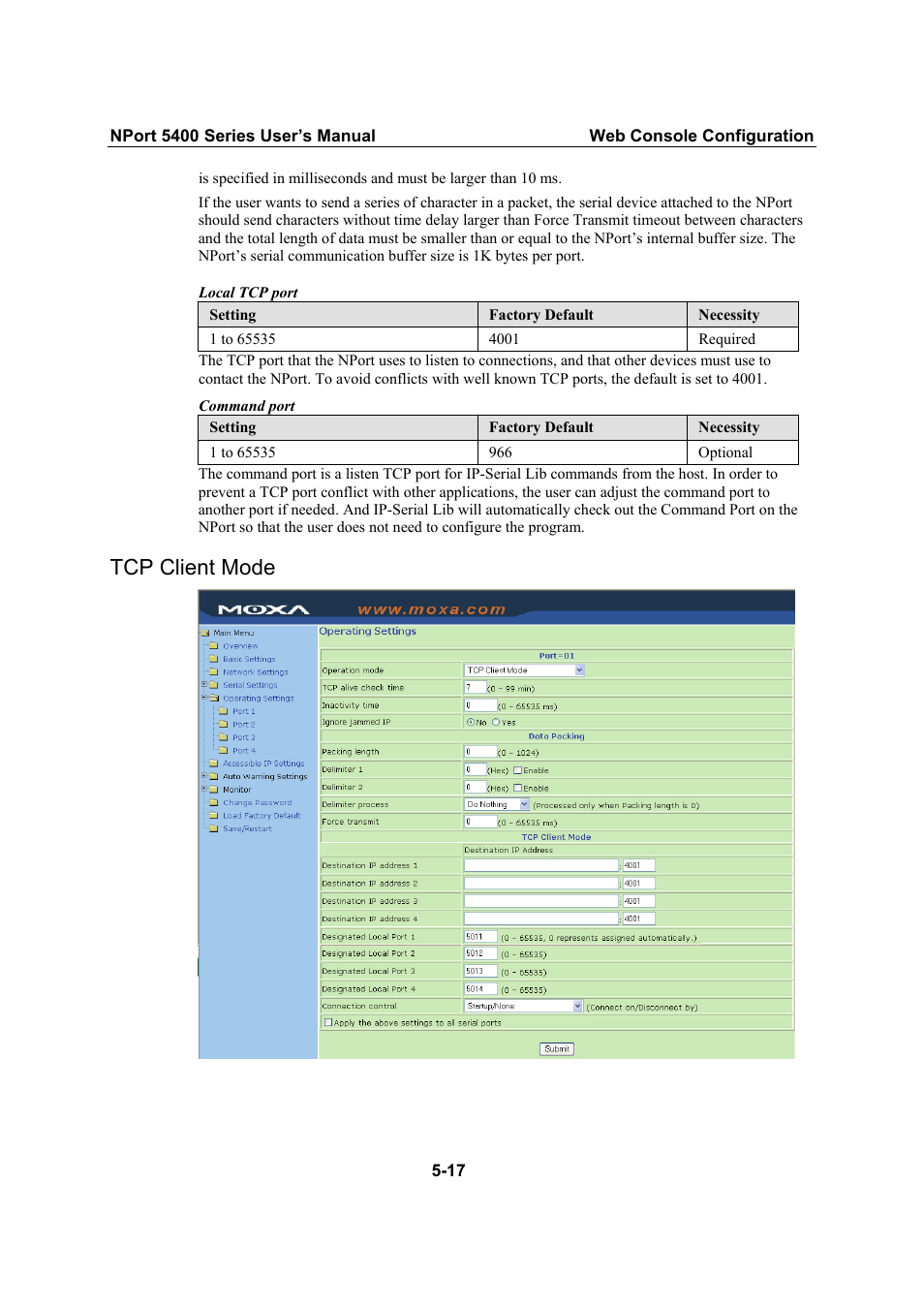 Tcp client mode | Moxa Technologies NPort 5400 Series User Manual | Page 43 / 104