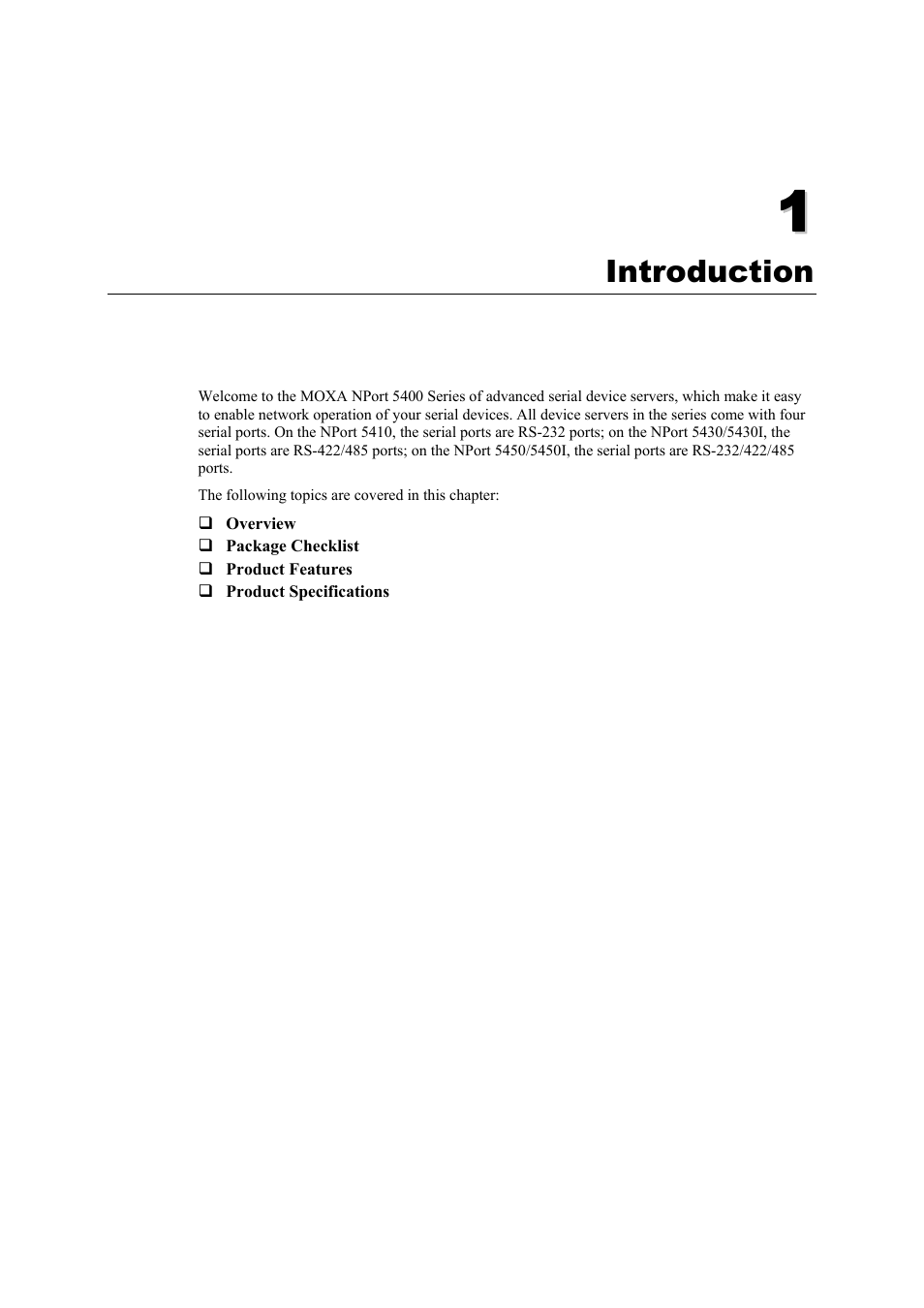 Introduction, Chapter 1, Introduction -1 | Moxa Technologies NPort 5400 Series User Manual | Page 5 / 104