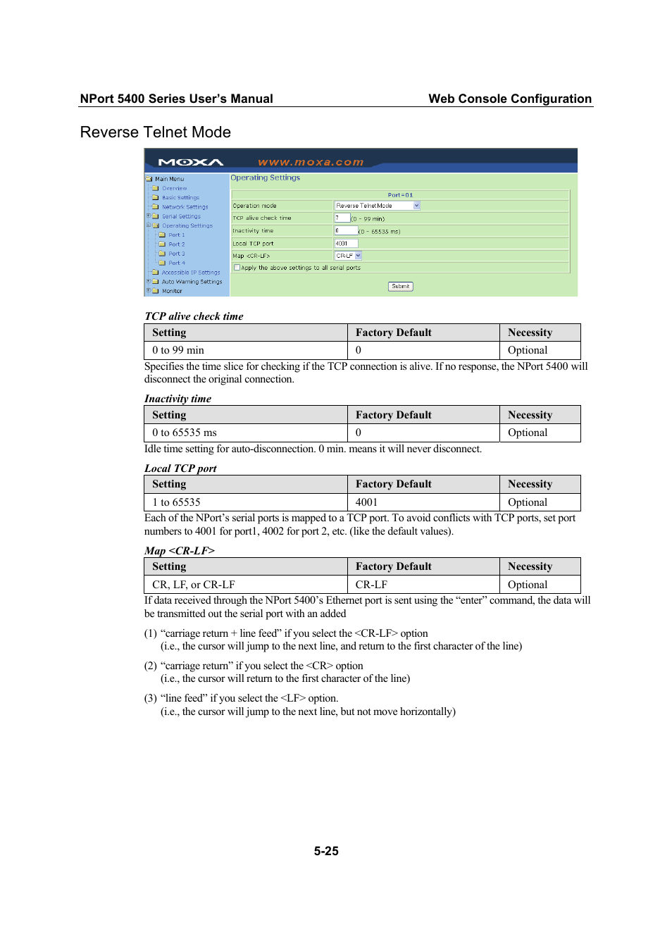 Reverse telnet mode | Moxa Technologies NPort 5400 Series User Manual | Page 51 / 104