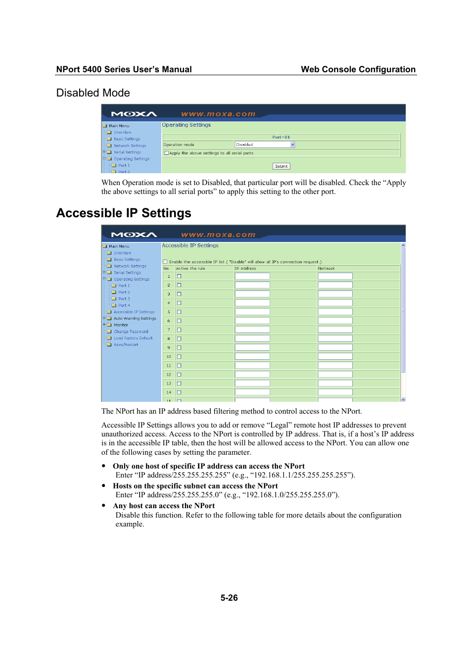 Disabled mode, Accessible ip settings | Moxa Technologies NPort 5400 Series User Manual | Page 52 / 104