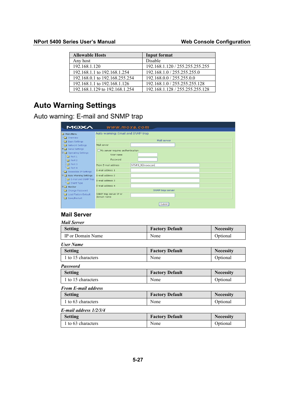 Auto warning settings, Auto warning: e-mail and snmp trap | Moxa Technologies NPort 5400 Series User Manual | Page 53 / 104