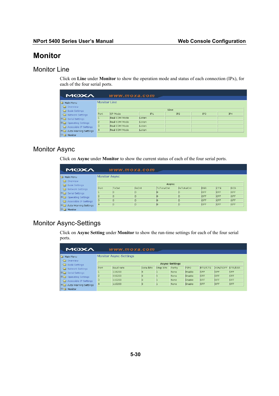 Monitor, Monitor line, Monitor async | Monitor async-settings | Moxa Technologies NPort 5400 Series User Manual | Page 56 / 104