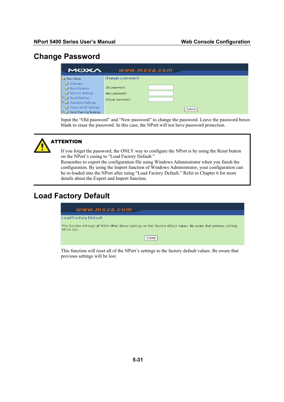 Change password, Load factory default | Moxa Technologies NPort 5400 Series User Manual | Page 57 / 104