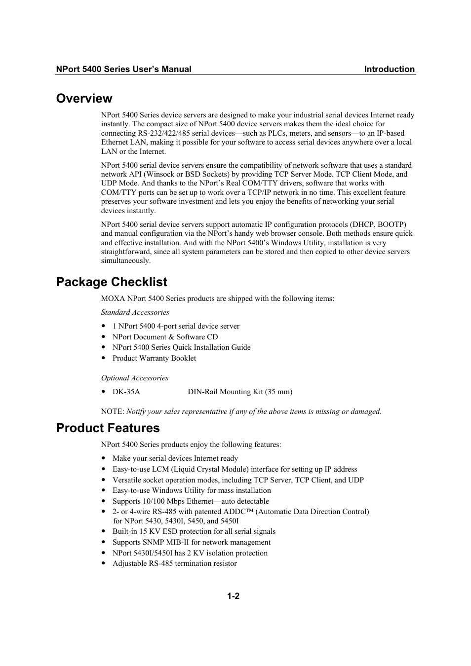 Overview, Package checklist, Product features | Moxa Technologies NPort 5400 Series User Manual | Page 6 / 104
