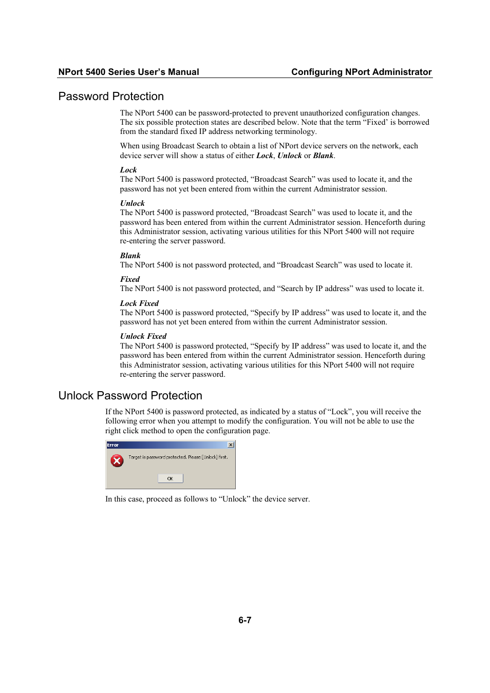 Password protection, Unlock password protection | Moxa Technologies NPort 5400 Series User Manual | Page 64 / 104