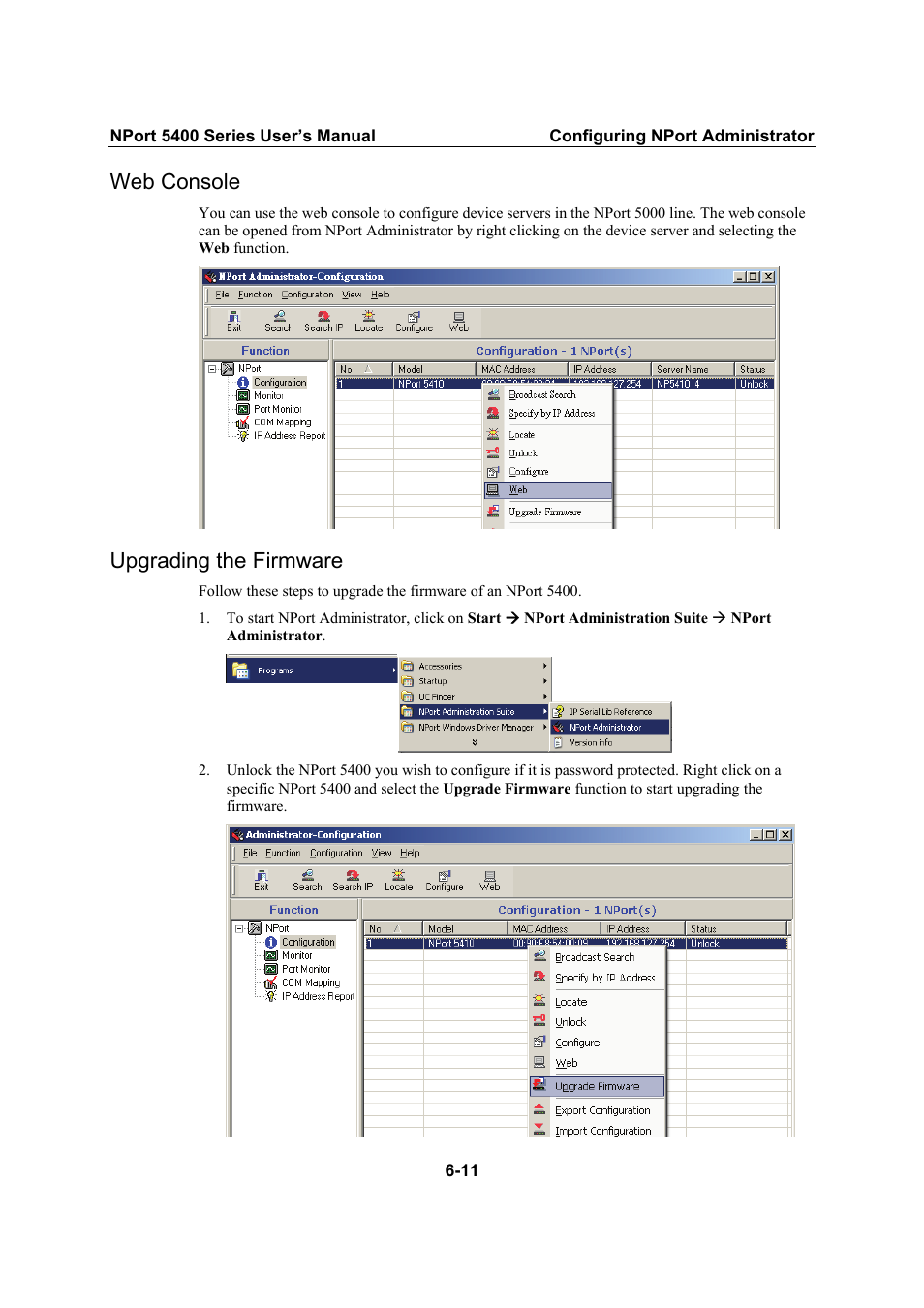 Web console, Upgrading the firmware | Moxa Technologies NPort 5400 Series User Manual | Page 68 / 104