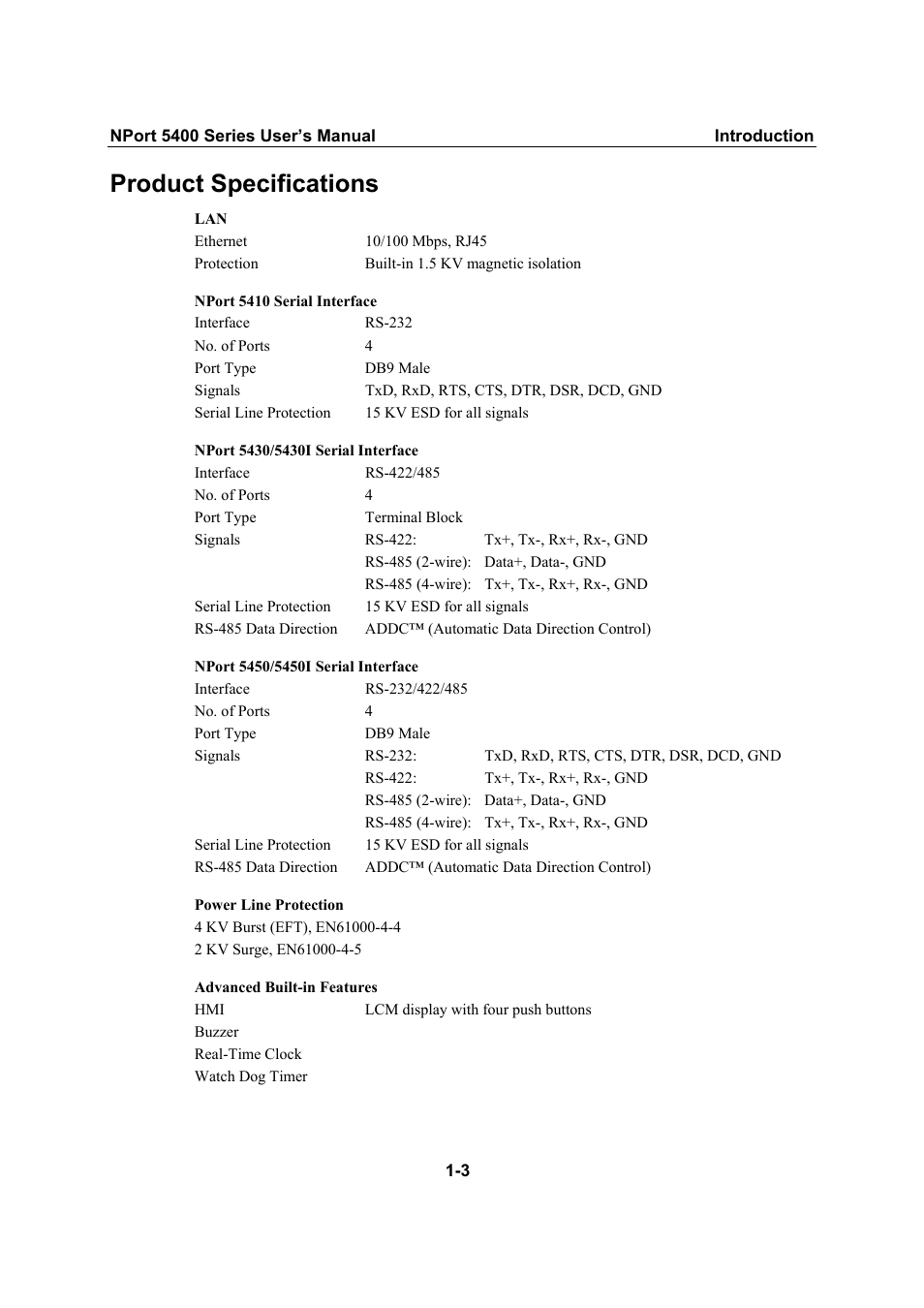 Product specifications | Moxa Technologies NPort 5400 Series User Manual | Page 7 / 104