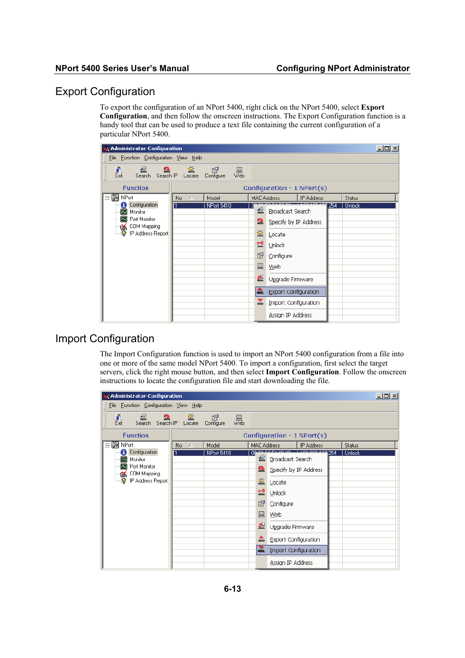 Export configuration, Import configuration | Moxa Technologies NPort 5400 Series User Manual | Page 70 / 104
