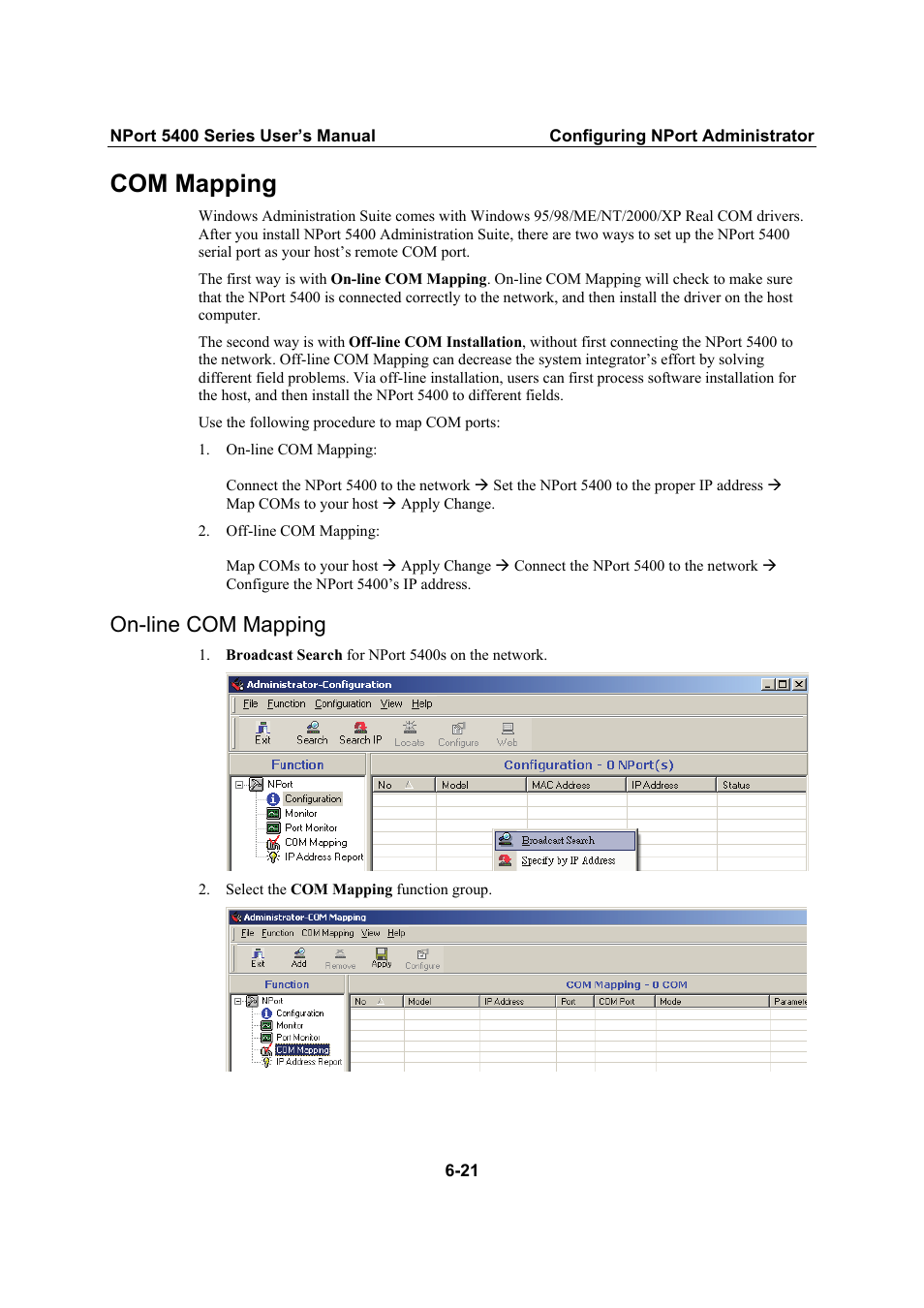 Com mapping, On-line com mapping | Moxa Technologies NPort 5400 Series User Manual | Page 78 / 104