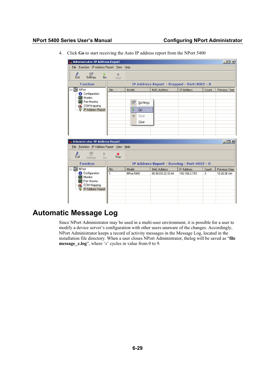Automatic message log | Moxa Technologies NPort 5400 Series User Manual | Page 86 / 104