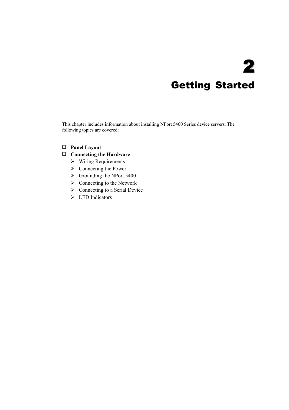 Getting started, Chapter 2, Getting started -1 | Moxa Technologies NPort 5400 Series User Manual | Page 9 / 104