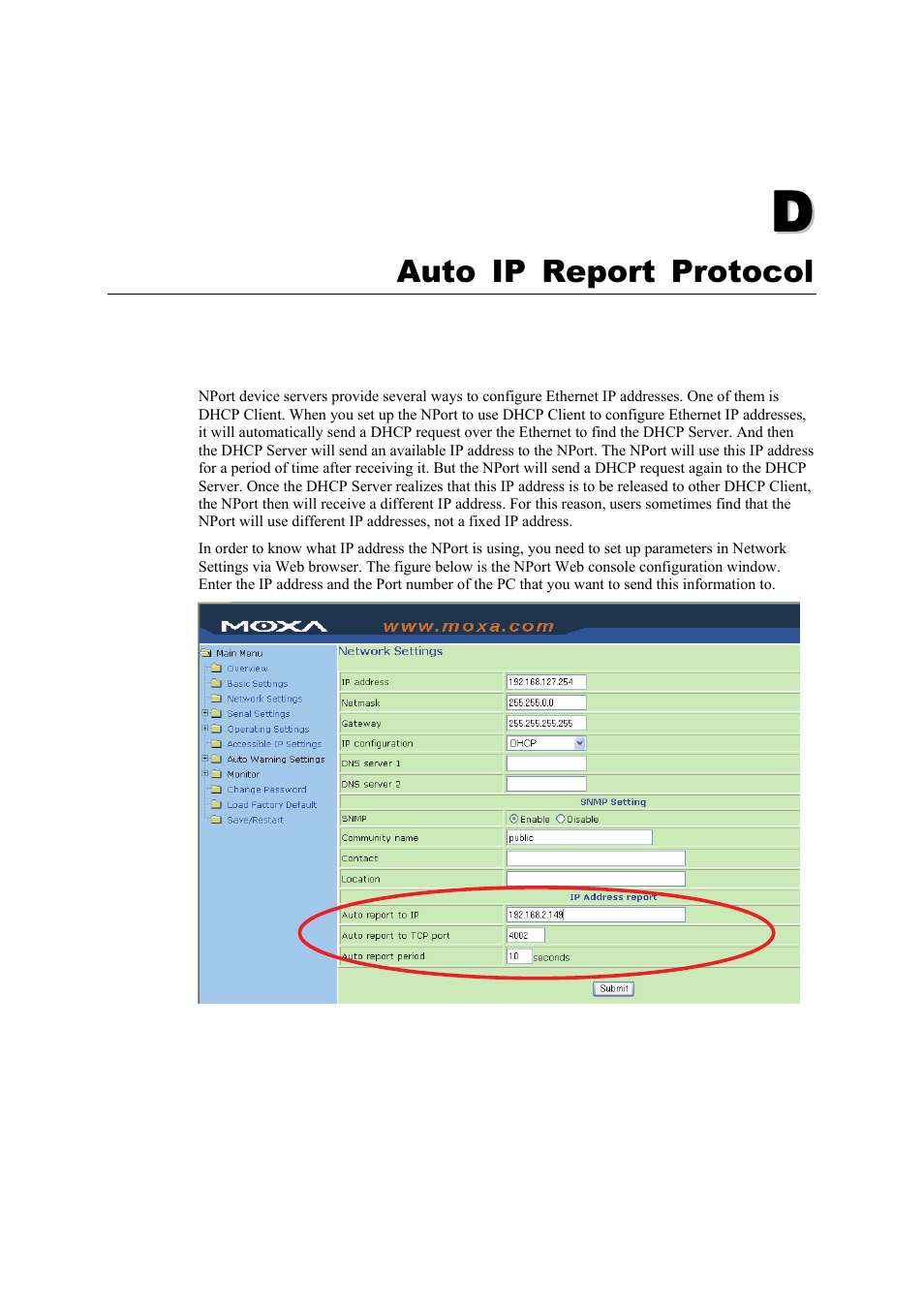 D. auto ip report protocol, Appendix d, Auto ip report protocol | Moxa Technologies NPort 5400 Series User Manual | Page 99 / 104