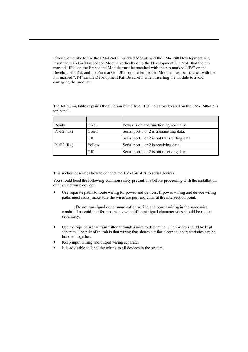 Installing the em-1240-lx, Led indicators, Wiring requirements | Installing the em-1240-lx -8 | Moxa Technologies EM-1240-LX User Manual | Page 12 / 64