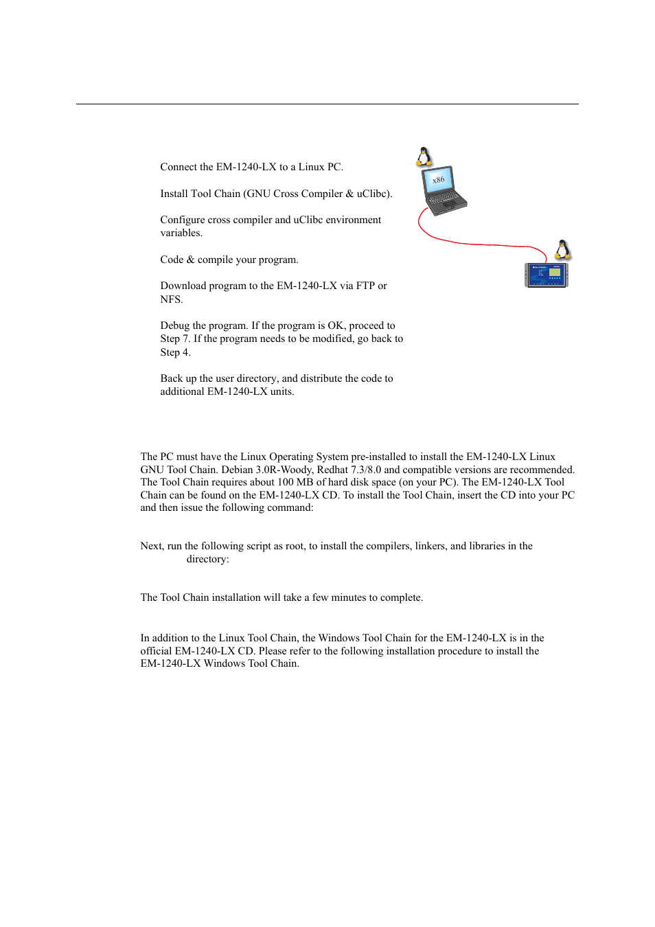 Developing your applications, Installing the em-1240-lx tool chain, Developing your applications -7 | Installing the em-1240-lx tool chain -7 | Moxa Technologies EM-1240-LX User Manual | Page 23 / 64