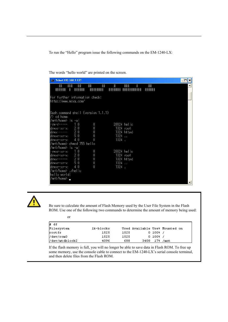 Running “hello” on the em-1240-lx, Running “hello” on the em-1240-lx -11 | Moxa Technologies EM-1240-LX User Manual | Page 27 / 64