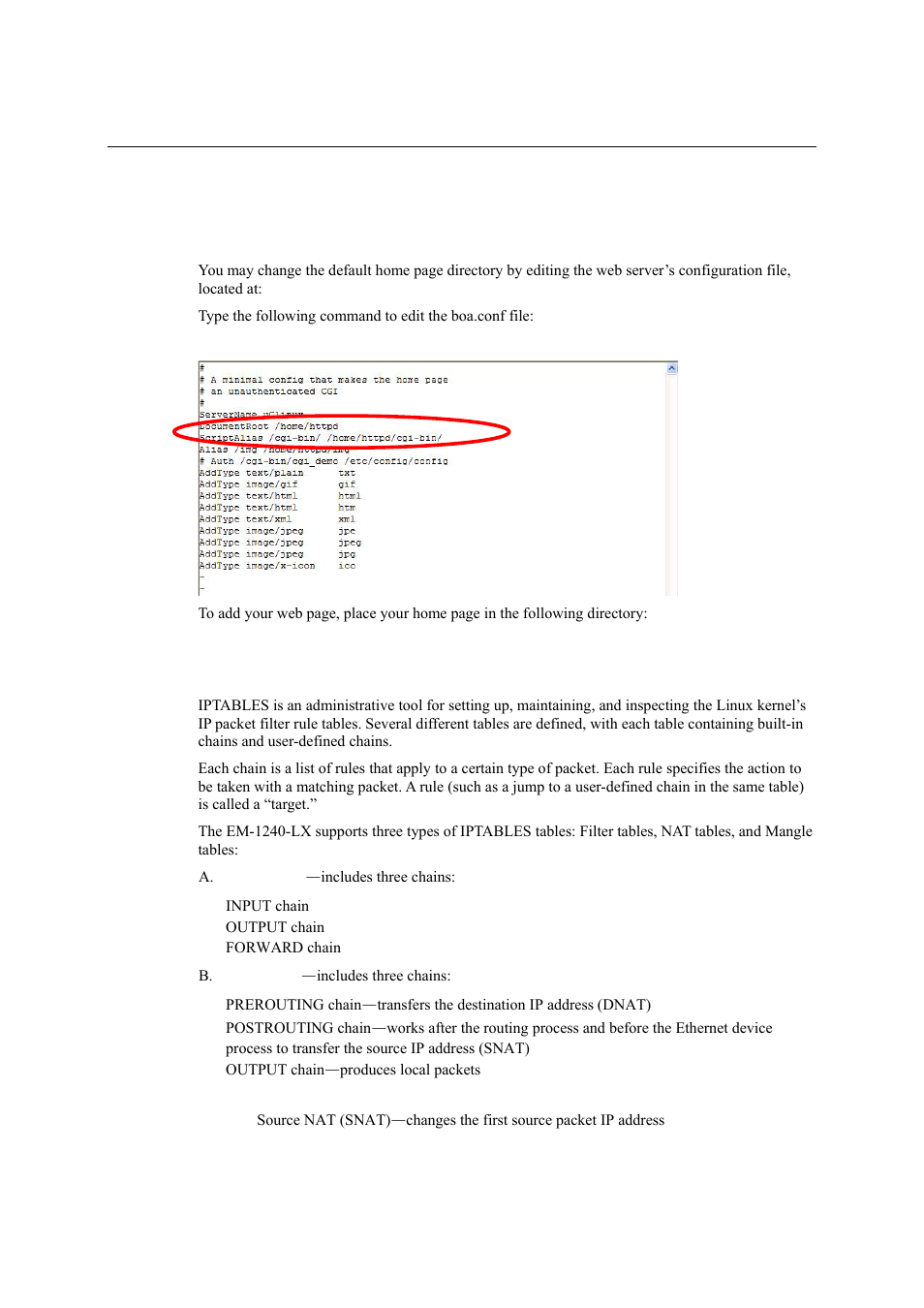 Iptables, Adding a web page | Moxa Technologies EM-1240-LX User Manual | Page 36 / 64