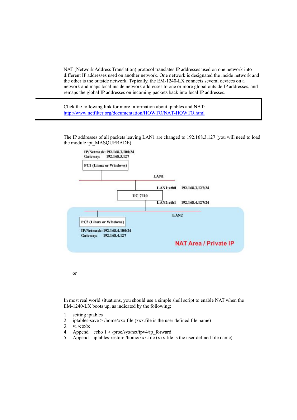Nat example, Enabling nat at bootup, Nat example -7 | Enabling nat at bootup -7 | Moxa Technologies EM-1240-LX User Manual | Page 40 / 64