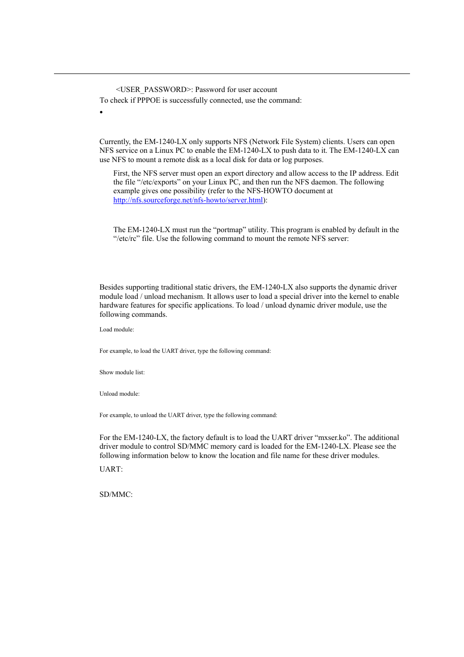 How to mount a remote nfs server, Dynamic driver module load/unload, How to mount a remote nfs server -9 | Dynamic driver module load/unload -9 | Moxa Technologies EM-1240-LX User Manual | Page 42 / 64