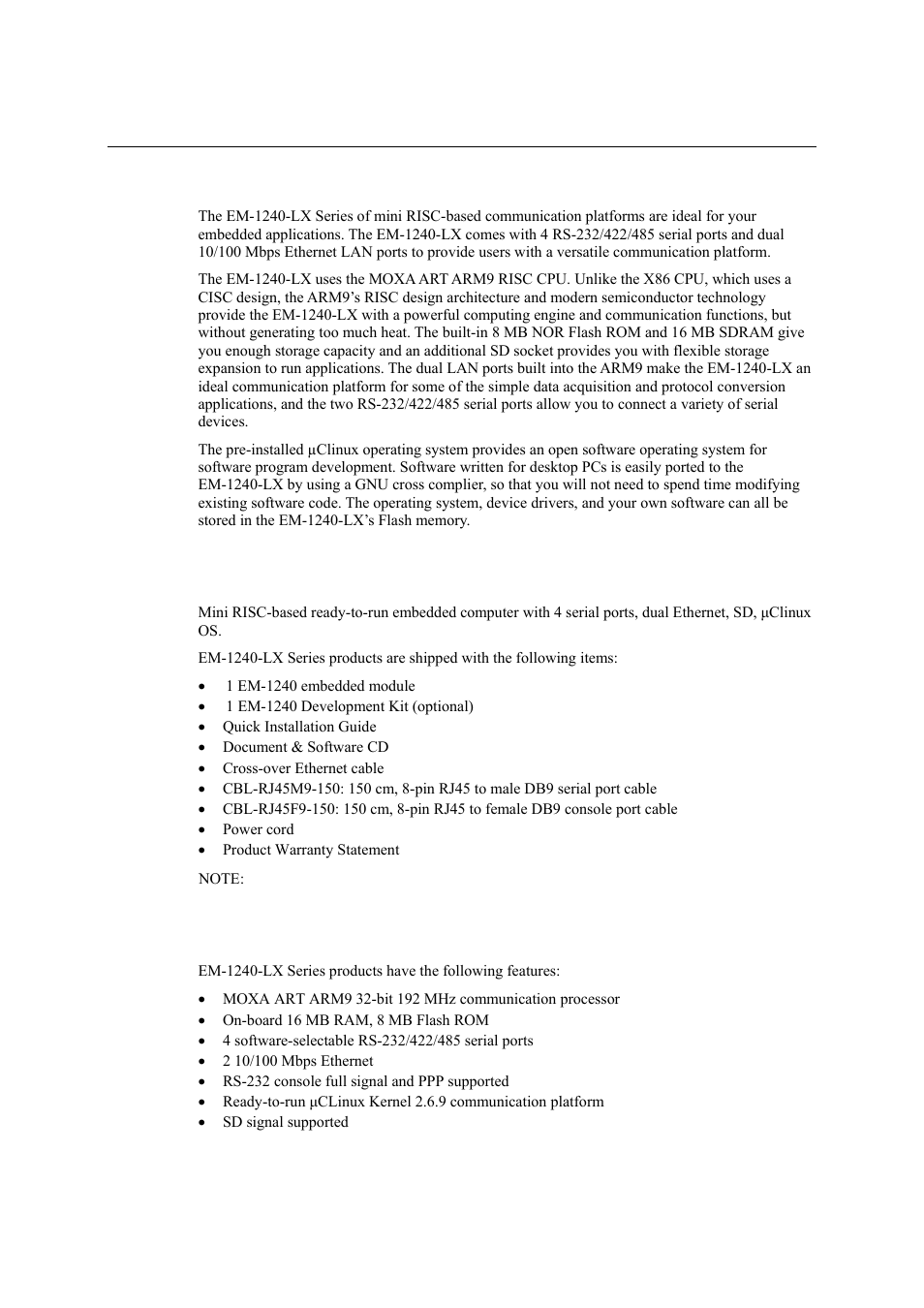 Overview, Package checklist, Product features | Moxa Technologies EM-1240-LX User Manual | Page 6 / 64
