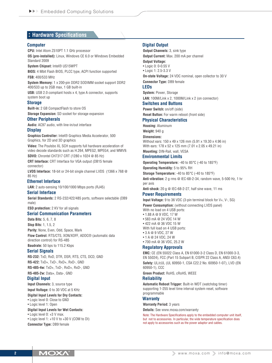 Hardware specifications | Moxa Technologies V2101 User Manual | Page 2 / 4
