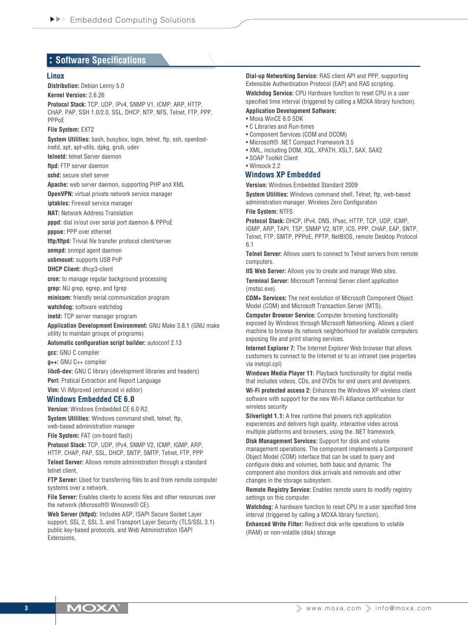Software specifications | Moxa Technologies V2101 User Manual | Page 3 / 4