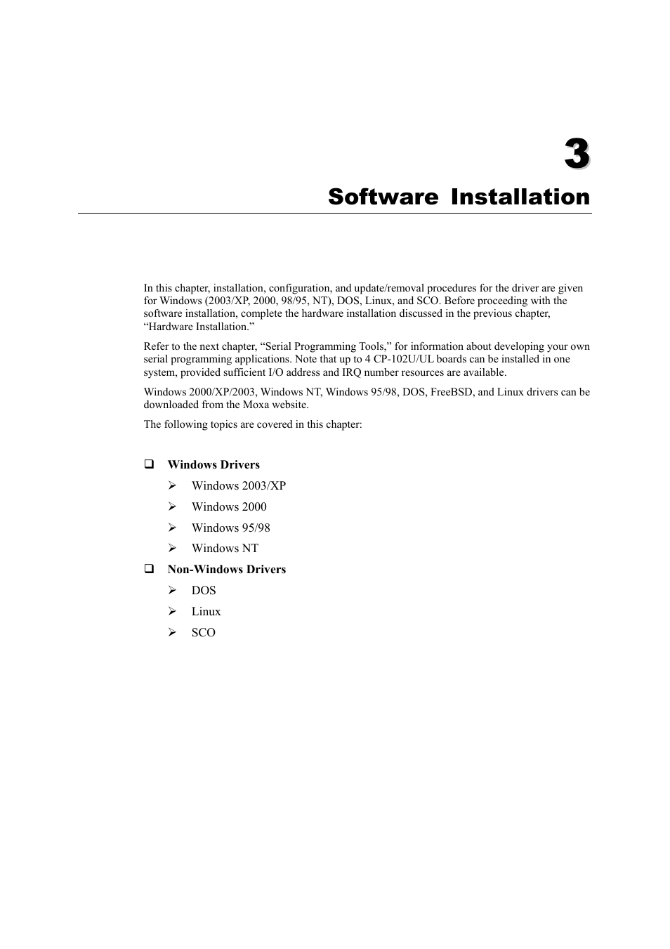 Software installation, Chapter 3, Software installation -1 | Moxa Technologies CP-102U/UL User Manual | Page 13 / 78
