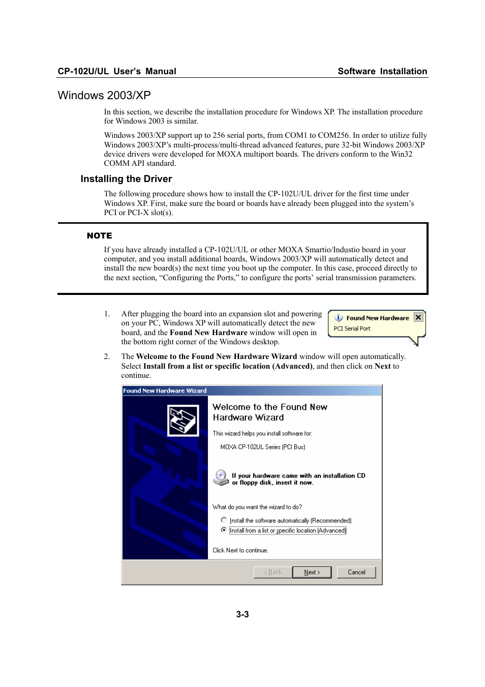 Windows 2003/xp, Windows 2003/xp -3 | Moxa Technologies CP-102U/UL User Manual | Page 15 / 78