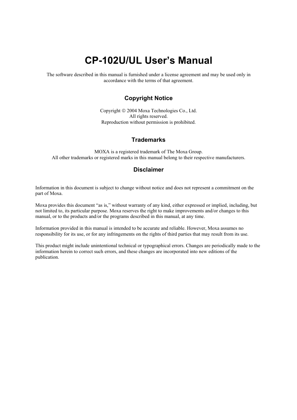 Cp-102u/ul user’s manual | Moxa Technologies CP-102U/UL User Manual | Page 2 / 78