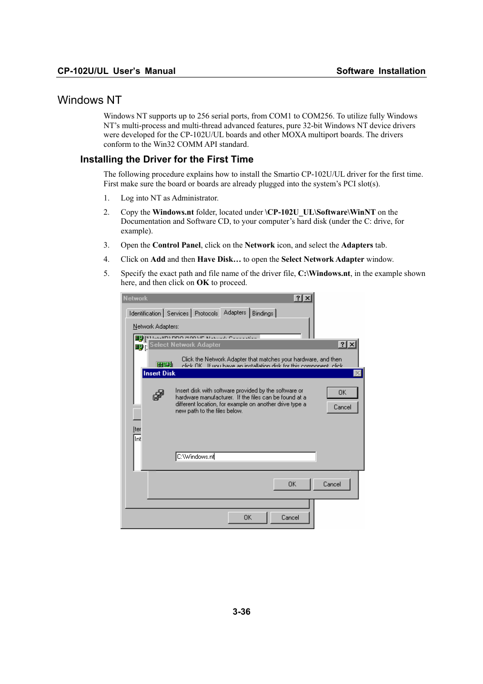 Windows nt, Windows nt -36 | Moxa Technologies CP-102U/UL User Manual | Page 48 / 78