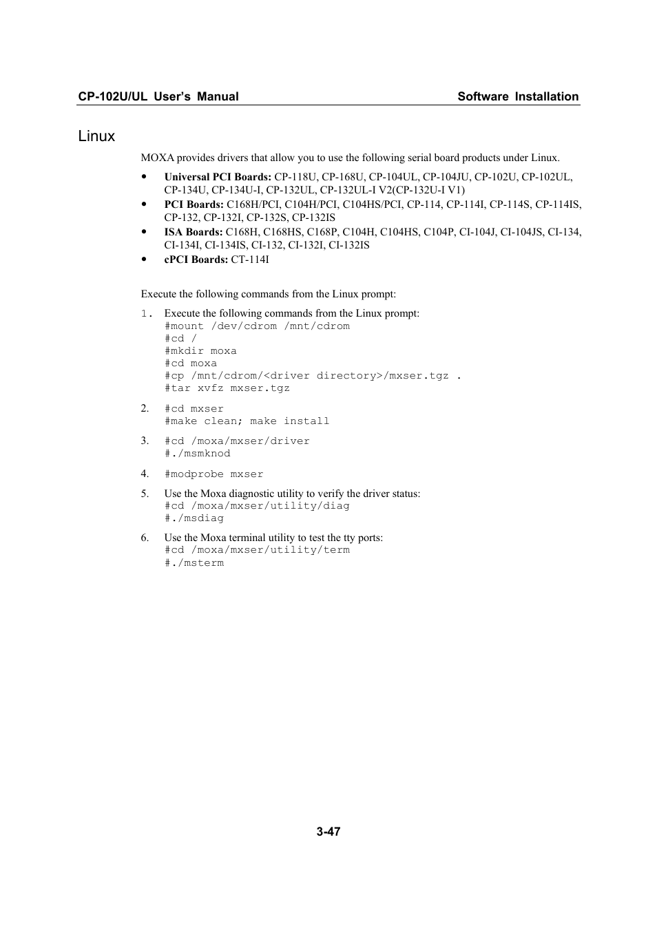 Linux, Linux -47 | Moxa Technologies CP-102U/UL User Manual | Page 59 / 78