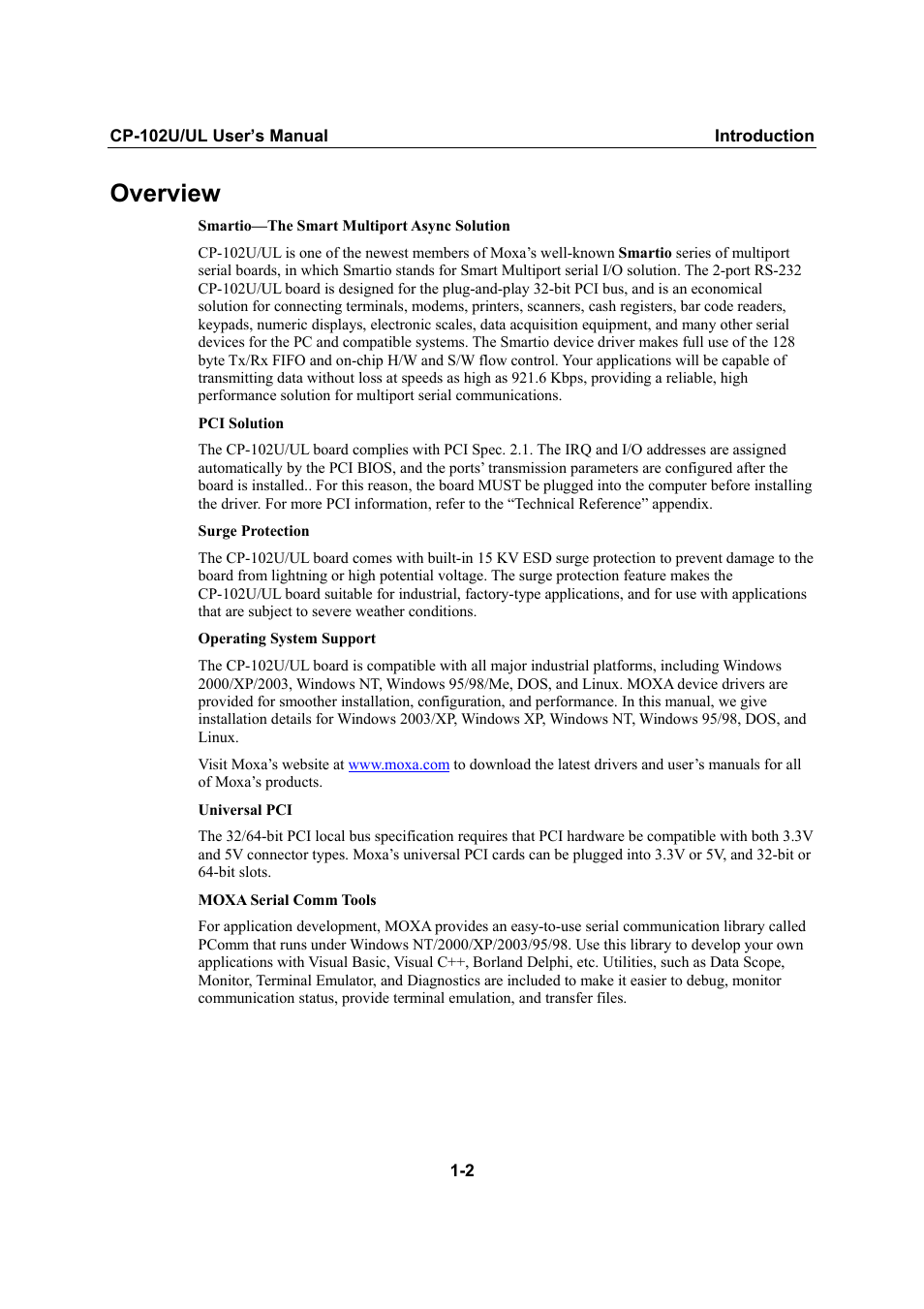 Overview, Overview -2 | Moxa Technologies CP-102U/UL User Manual | Page 6 / 78