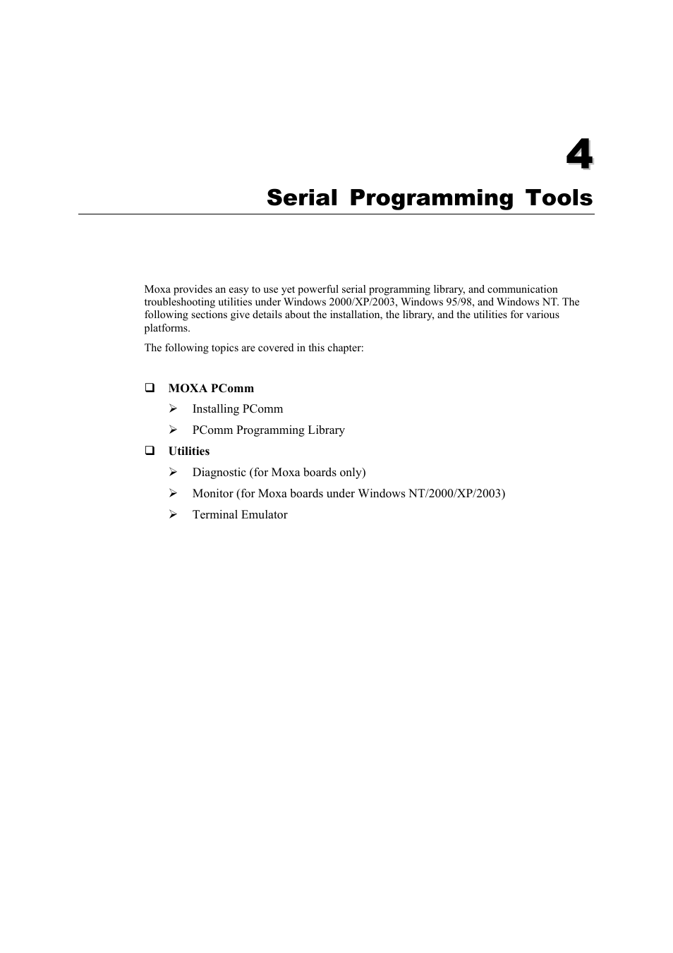 Serial programming tools, Chapter 4, Serial programming tools -1 | Moxa Technologies CP-102U/UL User Manual | Page 63 / 78