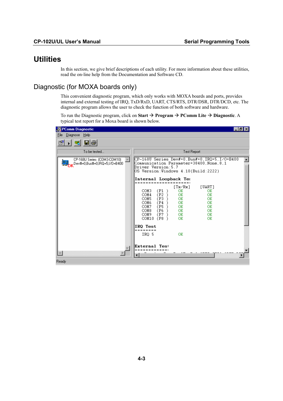 Utilities, Diagnostic (for moxa boards only), Utilities -3 | Diagnostic (for moxa boards only) -3 | Moxa Technologies CP-102U/UL User Manual | Page 65 / 78