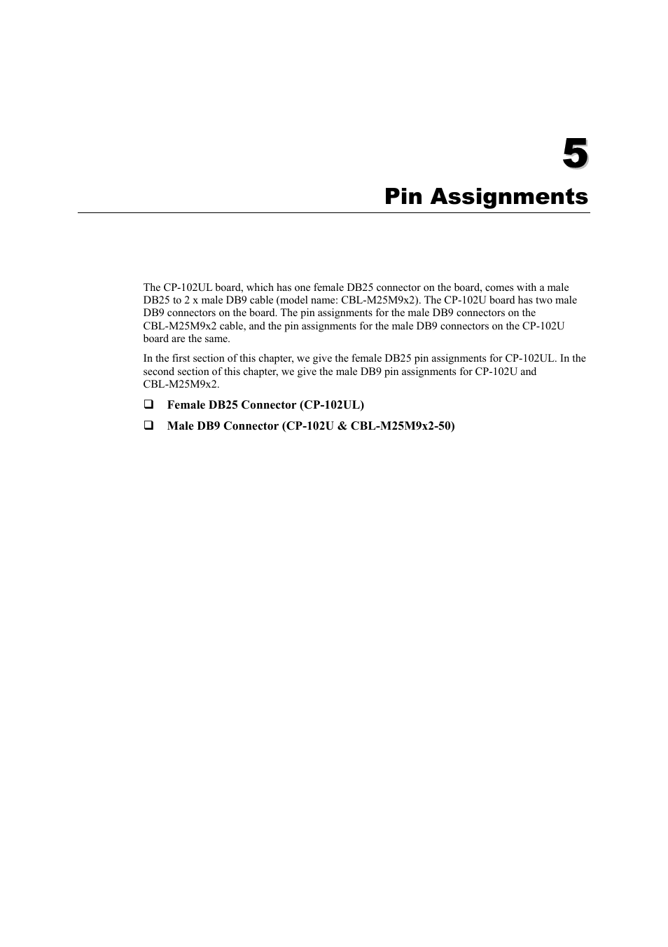 Pin assignments, Chapter 5, Pin assignments -1 | Moxa Technologies CP-102U/UL User Manual | Page 69 / 78