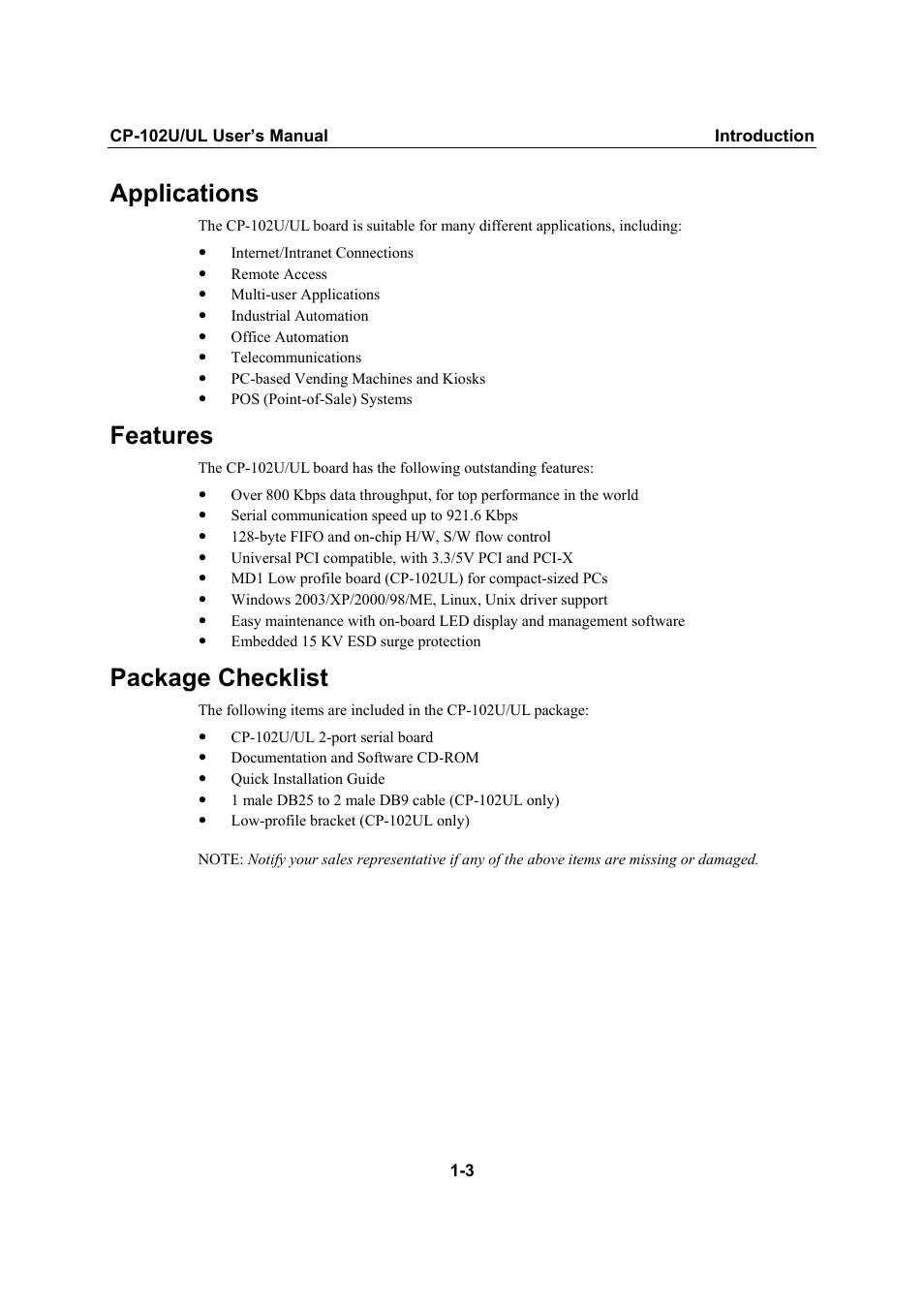 Applications, Features, Package checklist | Applications -3, Features -3, Package checklist -3 | Moxa Technologies CP-102U/UL User Manual | Page 7 / 78