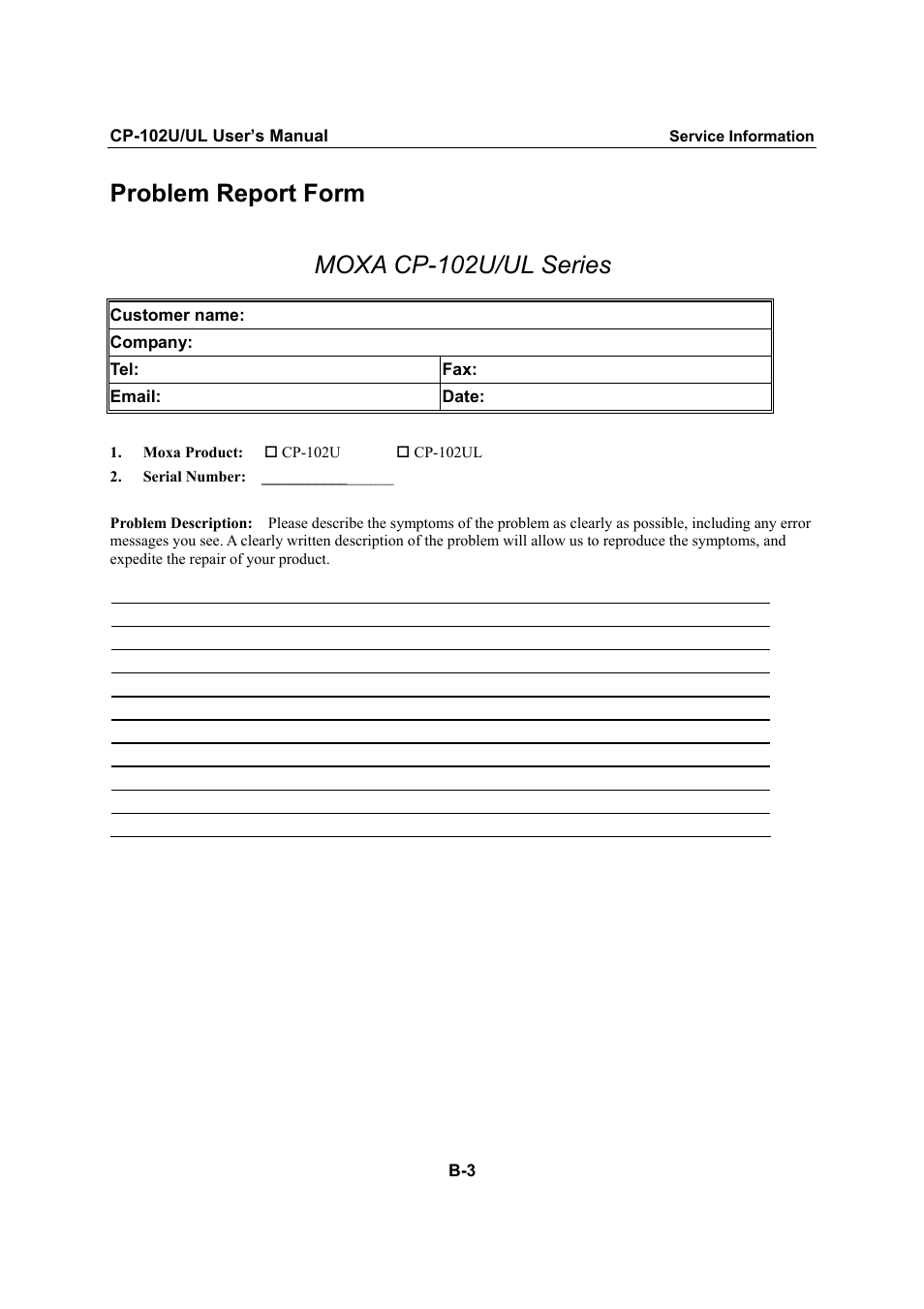 Problem report form, Problem report form moxa cp-102u/ul series | Moxa Technologies CP-102U/UL User Manual | Page 77 / 78