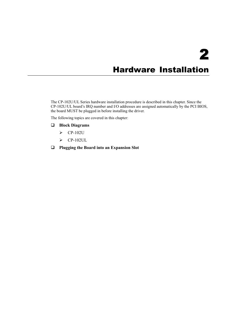 Hardware installation, Chapter 2, Hardware installation -1 | Moxa Technologies CP-102U/UL User Manual | Page 9 / 78