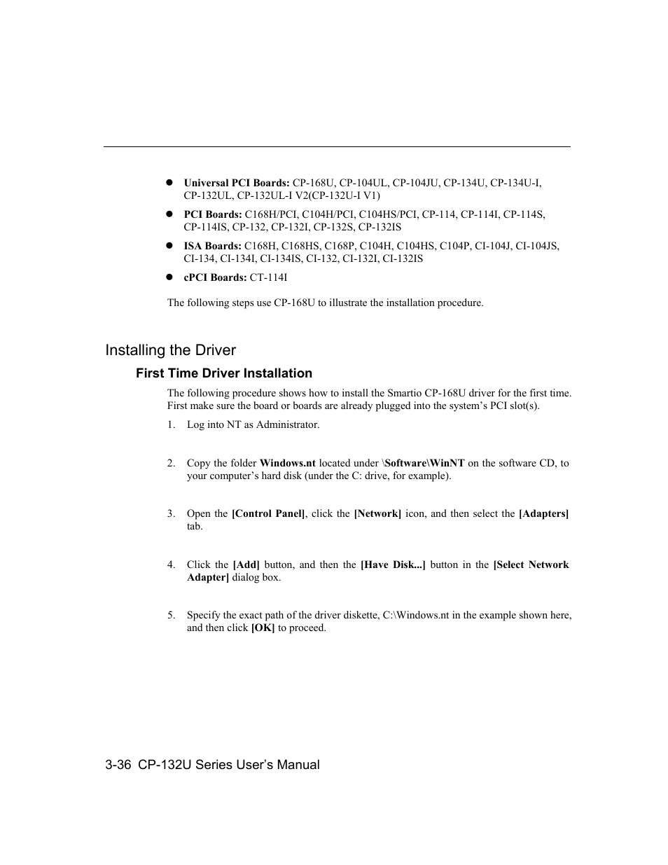 Installing the driver, Installing the driver -36 | Moxa Technologies CP-132U User Manual | Page 52 / 87