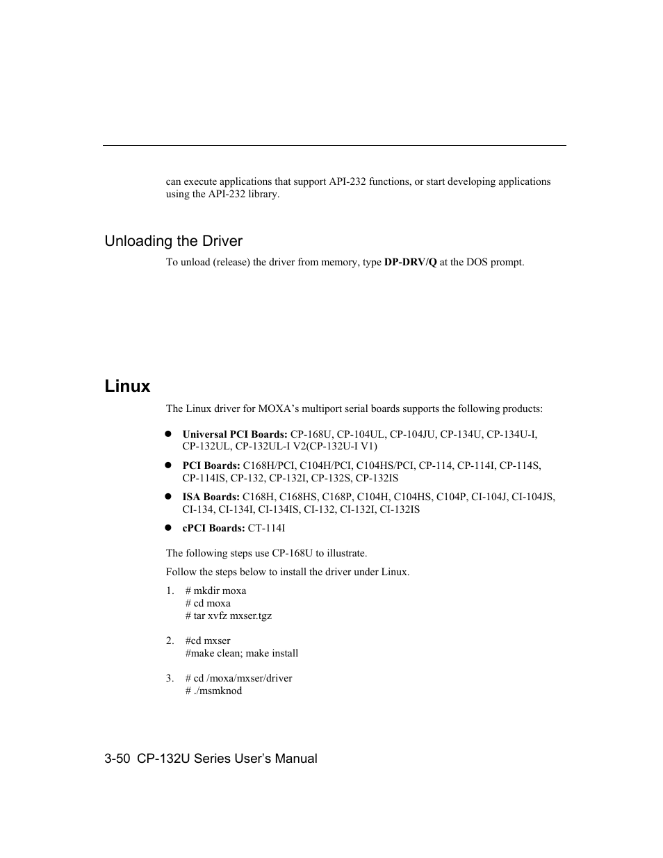 Unloading the driver, Linux, Unloading the driver -50 | Linux -50 | Moxa Technologies CP-132U User Manual | Page 66 / 87
