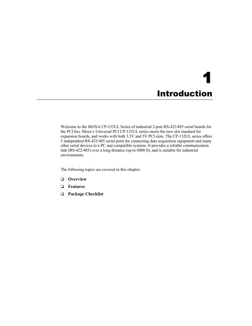 Introduction, Chapter 1 introduction | Moxa Technologies CP-132U User Manual | Page 7 / 87