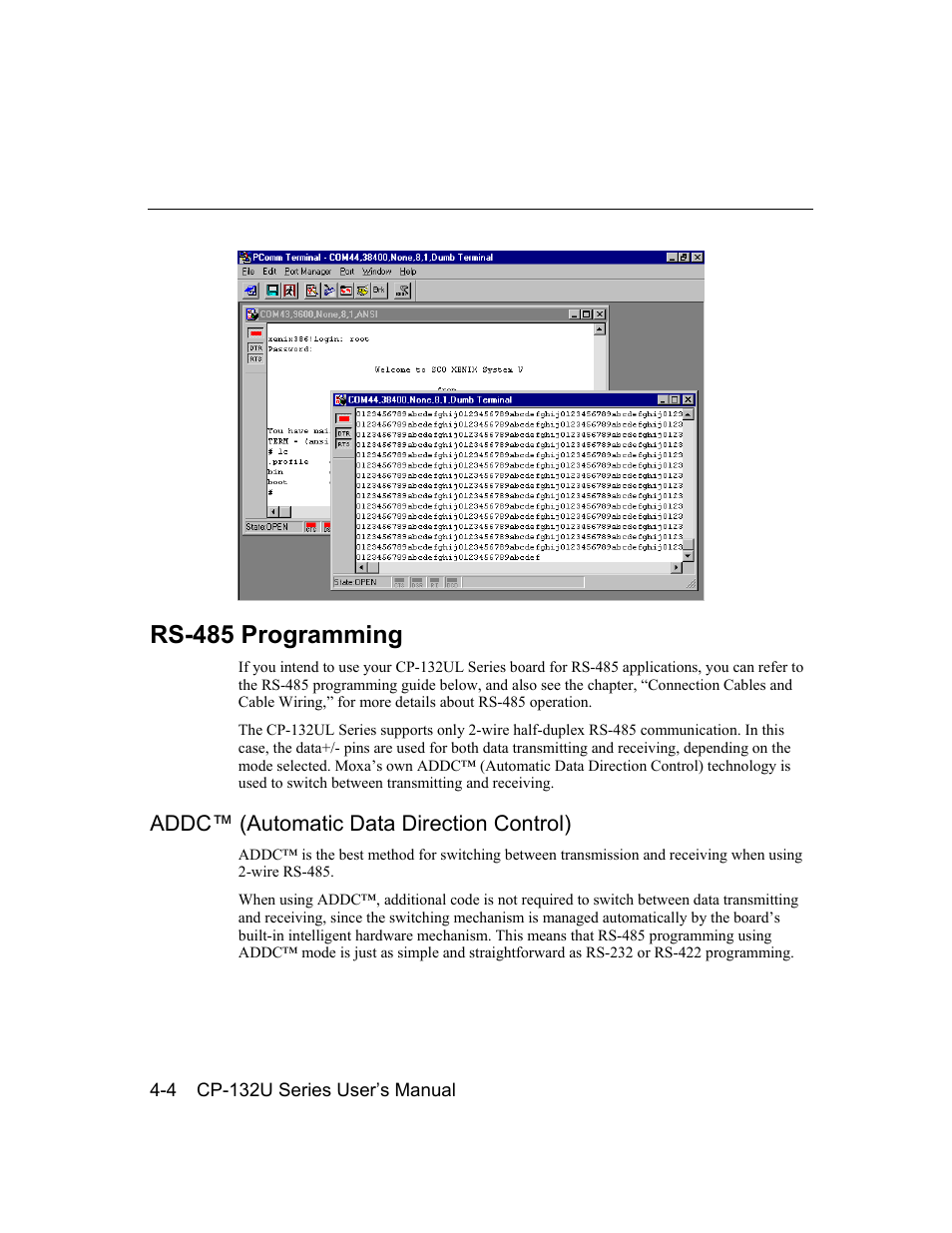 Rs-485 programming, Addc™ (automatic data direction control), Rs-485 programming -4 | Addc™ (automatic data direction control) -4 | Moxa Technologies CP-132U User Manual | Page 72 / 87