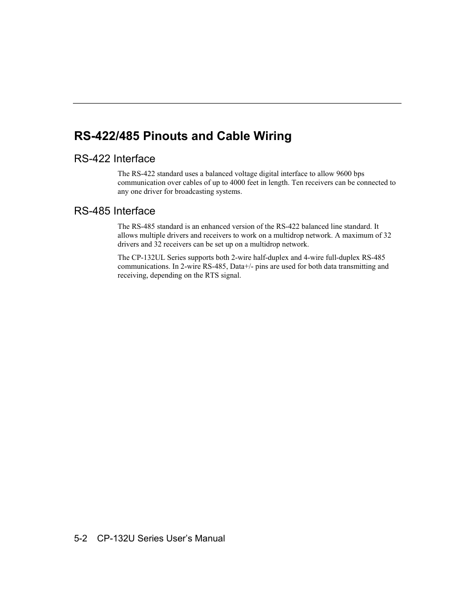 Rs-422/485 pinouts and cable wiring, Rs-422 interface, Rs-485 interface | Rs-422/485 pinouts and cable wiring -2, Rs-422 interface -2, Rs-485 interface -2 | Moxa Technologies CP-132U User Manual | Page 74 / 87