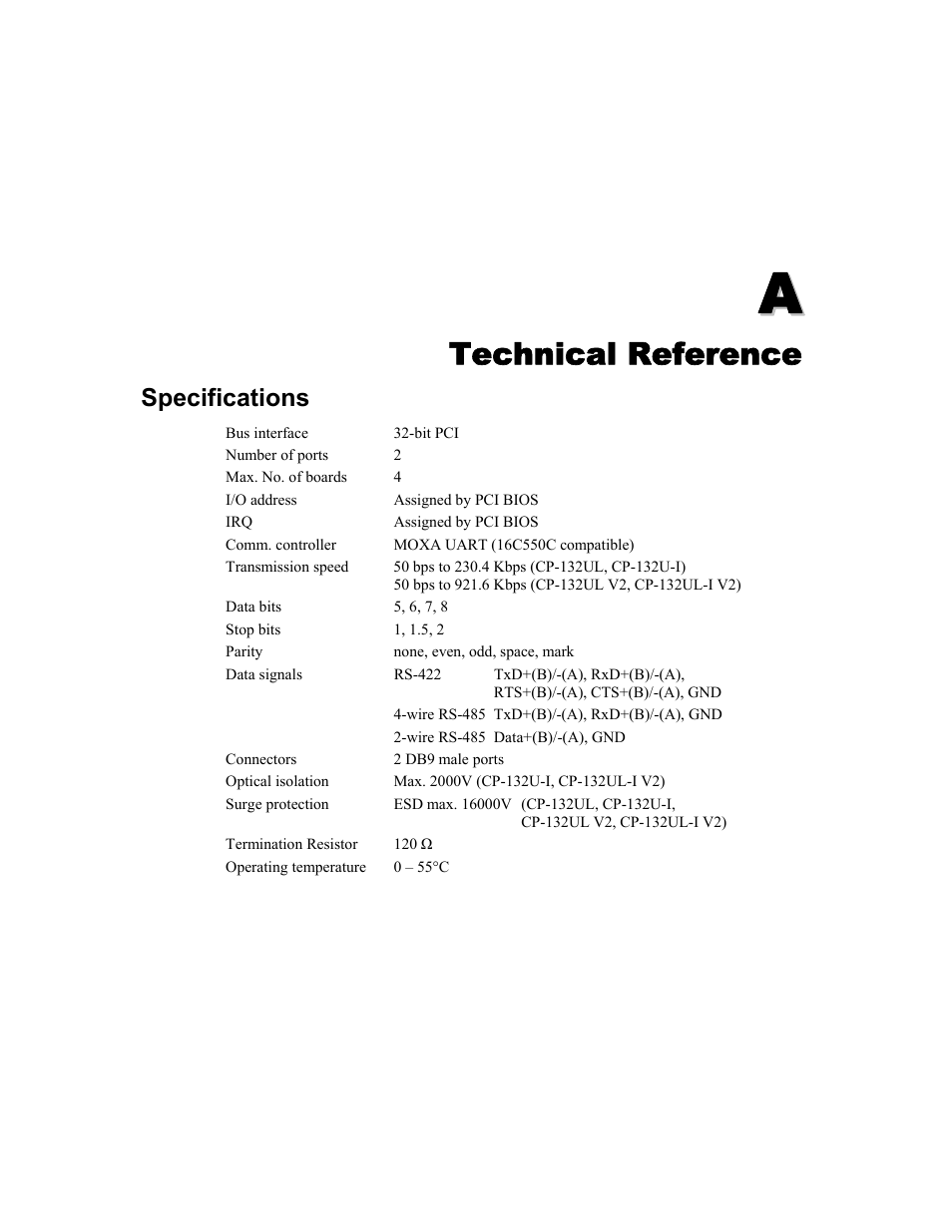 A. technical reference, Specifications, Appendix a | Appendix a technical reference | Moxa Technologies CP-132U User Manual | Page 85 / 87