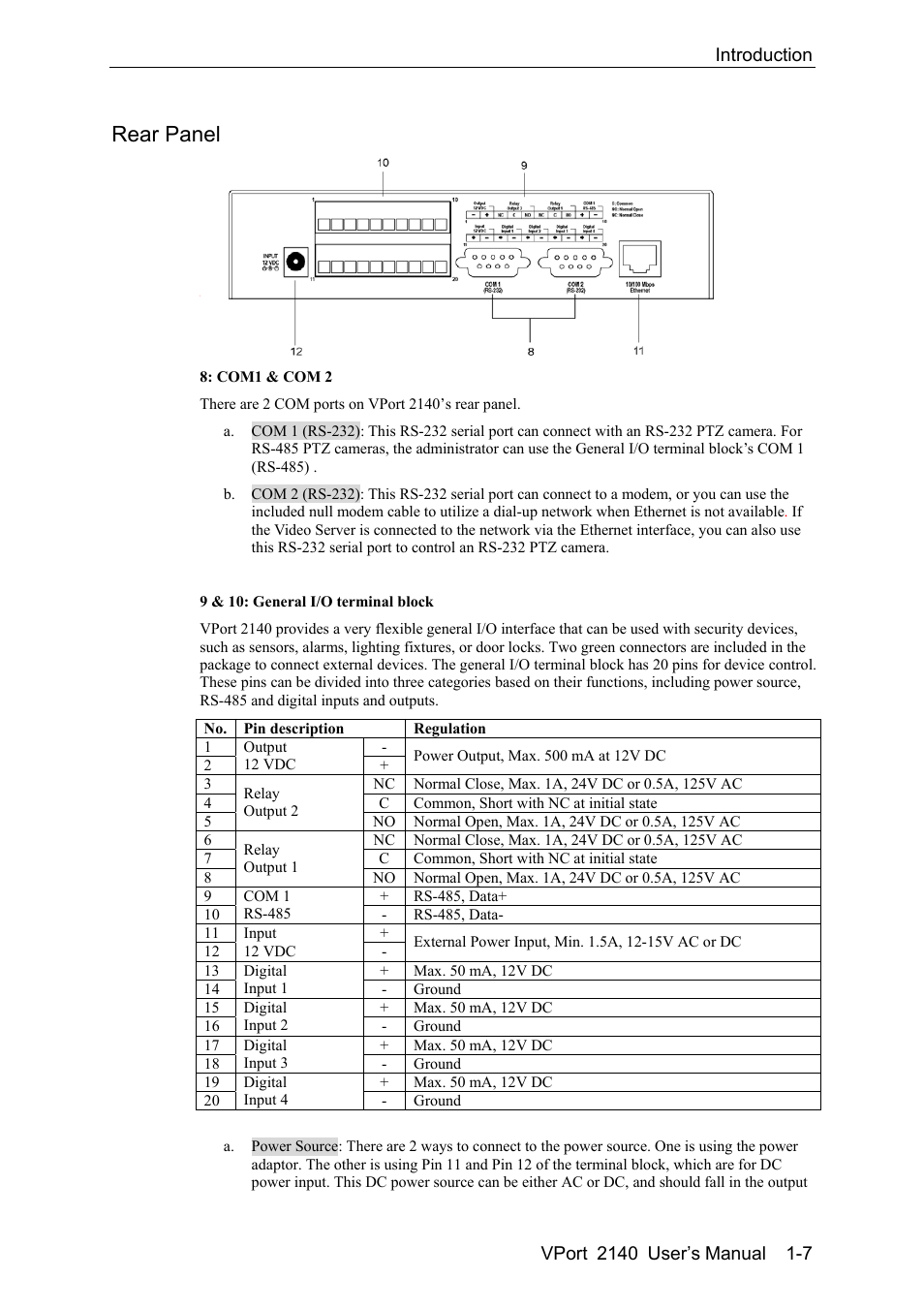 Rear panel -7, Rear panel | Moxa Technologies 2140 User Manual | Page 13 / 100