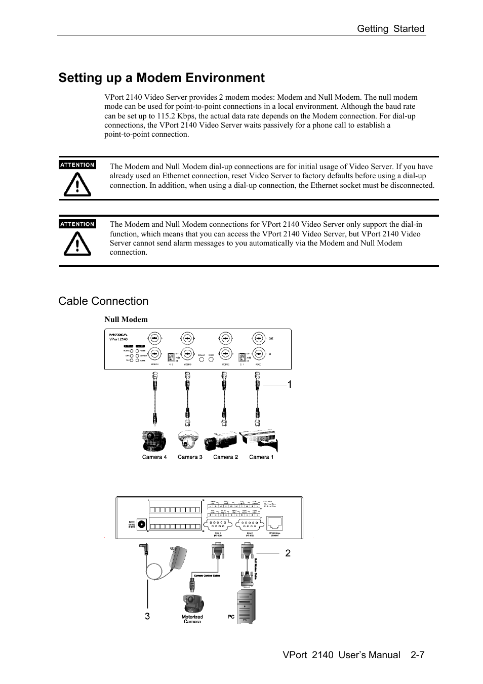 Setting up a modem environment -7, Cable connection -7, Setting up a modem environment | Cable connection | Moxa Technologies 2140 User Manual | Page 21 / 100