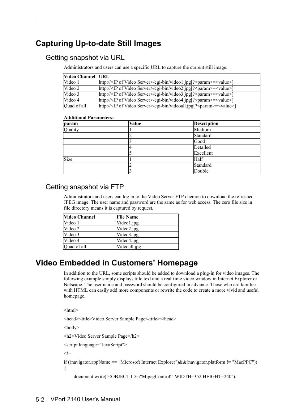 Capturing up-to-date still images -2, Getting snapshot via url -2, Getting snapshot via ftp -2 | Capturing up-to-date still images, Video embedded in customers’ homepage, Getting snapshot via url, Getting snapshot via ftp | Moxa Technologies 2140 User Manual | Page 64 / 100